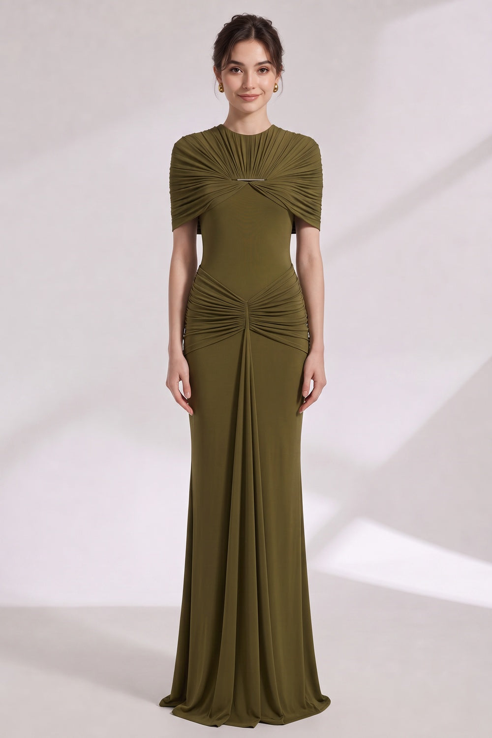 0f5c8118814cc53d OLIVE GREEN RUCHED COLUMN GOWN STRETCH JERSEY