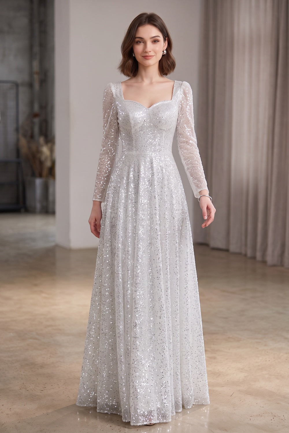0f5caa0b3e27e231 SILVER SEQUIN TULLE A-LINE EVENING GOWN