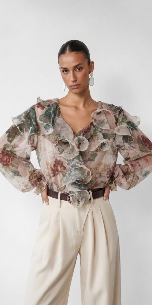 1-9dx1T2 VINTAGE ROSE RUFFLE V-NECK CHIFFON BLOUSE FOR WEDDING GUEST