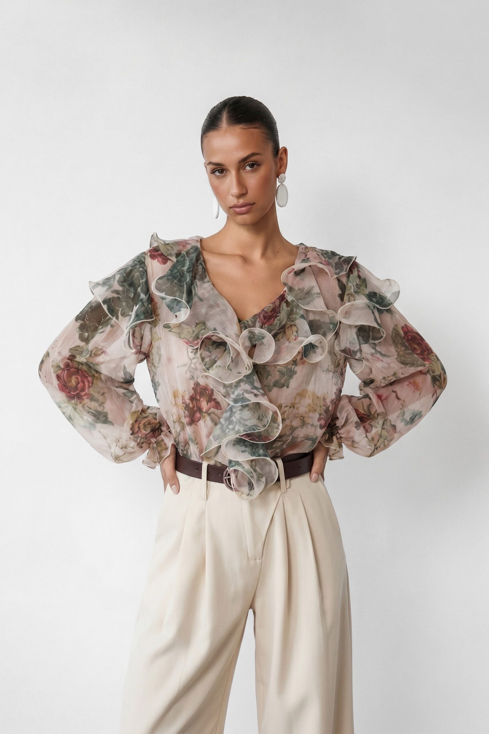 1-9dx1T2 VINTAGE ROSE RUFFLE V-NECK CHIFFON BLOUSE FOR WEDDING GUEST