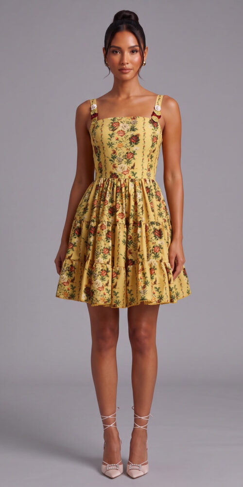 YELLOW FLORAL A-LINE FIT-AND-FLARE MINI DRESS