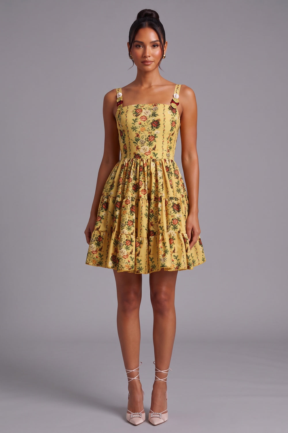 1022926239e21685 YELLOW FLORAL A-LINE FIT-AND-FLARE MINI DRESS