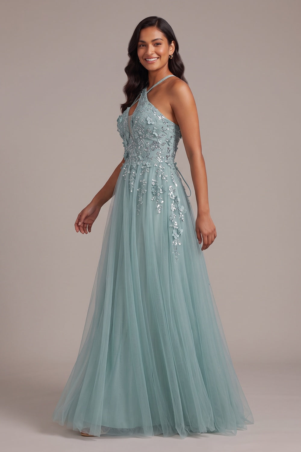1052983c57be89f1 DUSTY BLUE HALTER 3D FLORAL A-LINE EVENING GOWN