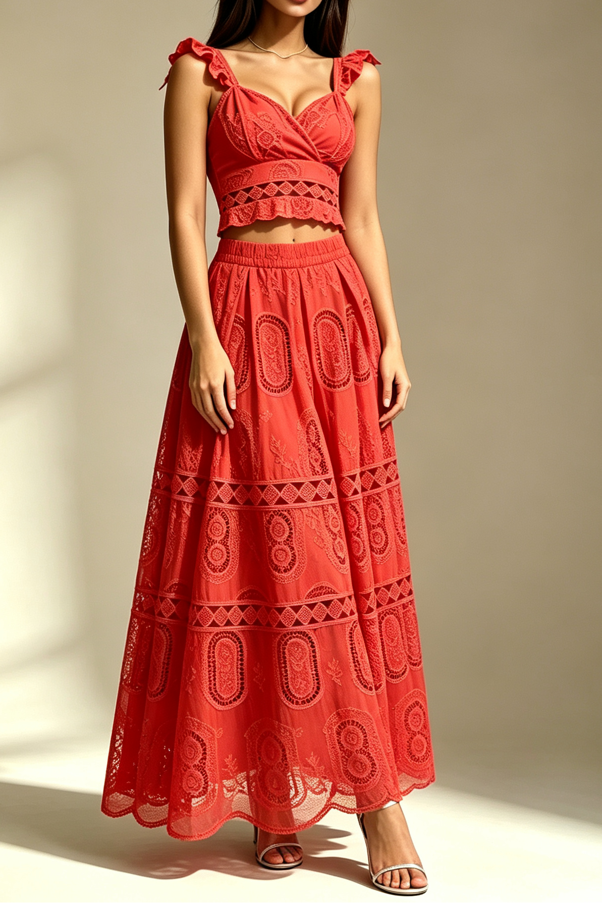 10_8bd3ab16-7243-45a2-9eb4-44a42b9da868 RED RUFFLE V-NECK CROP TOP & TIERED MAXI SKIRT SET