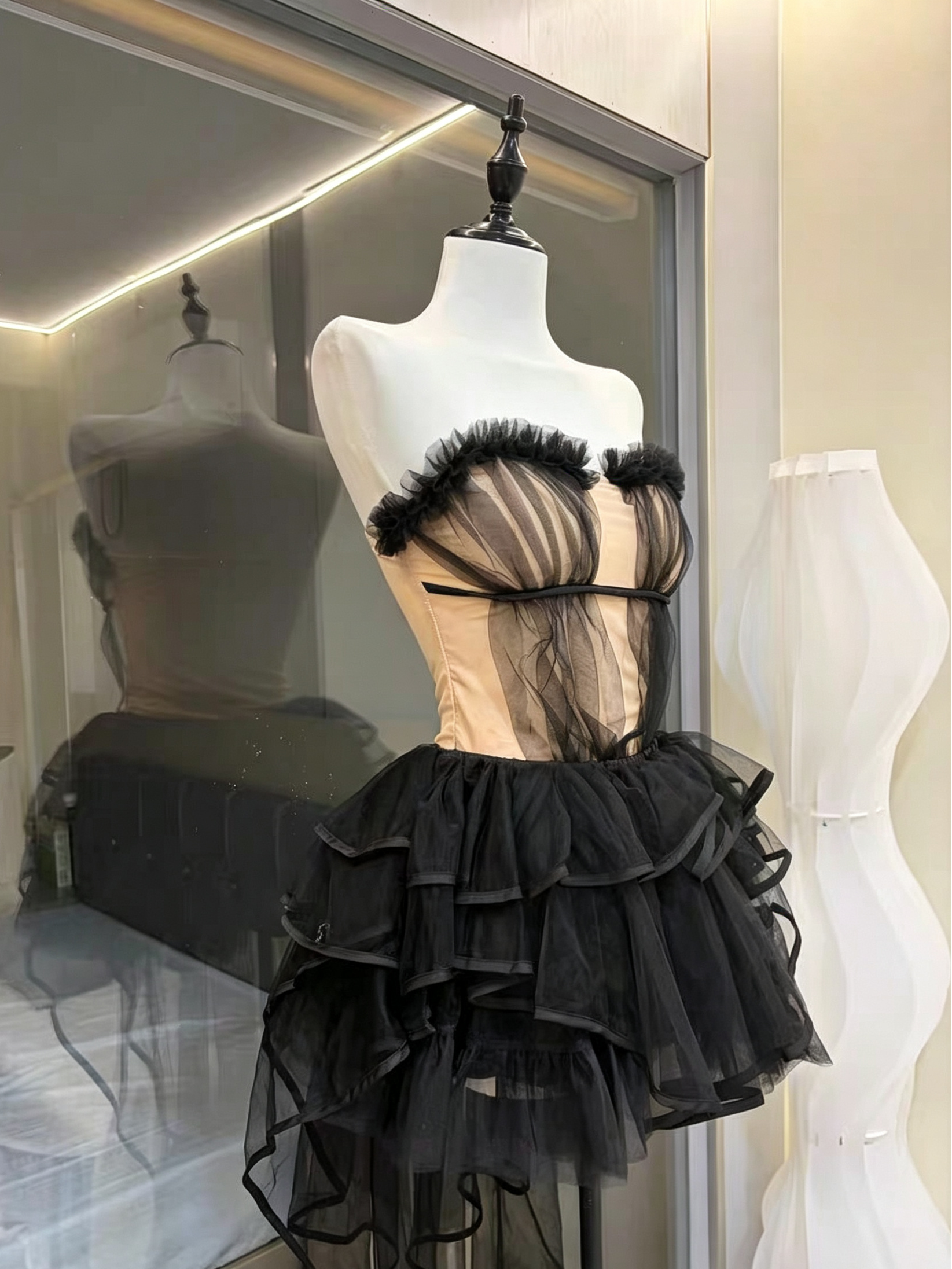 10_8bfa6f22-c9be-4b71-a6ac-9396e7878b9c BLACK STRAPLESS RUFFLE MESH CORSET TOP & HIGH LOW TULLE SKIRT SET