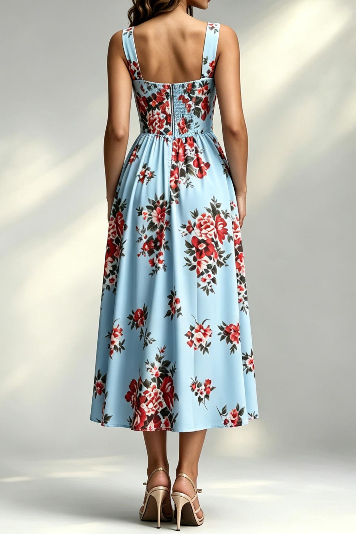 10_94454d5f-8173-4842-b9fd-e98a29f951b3 LIGHT BLUE LARGE RED FLORAL WIDE STRAP SWEETHEART FLOWY MIDI DRESS