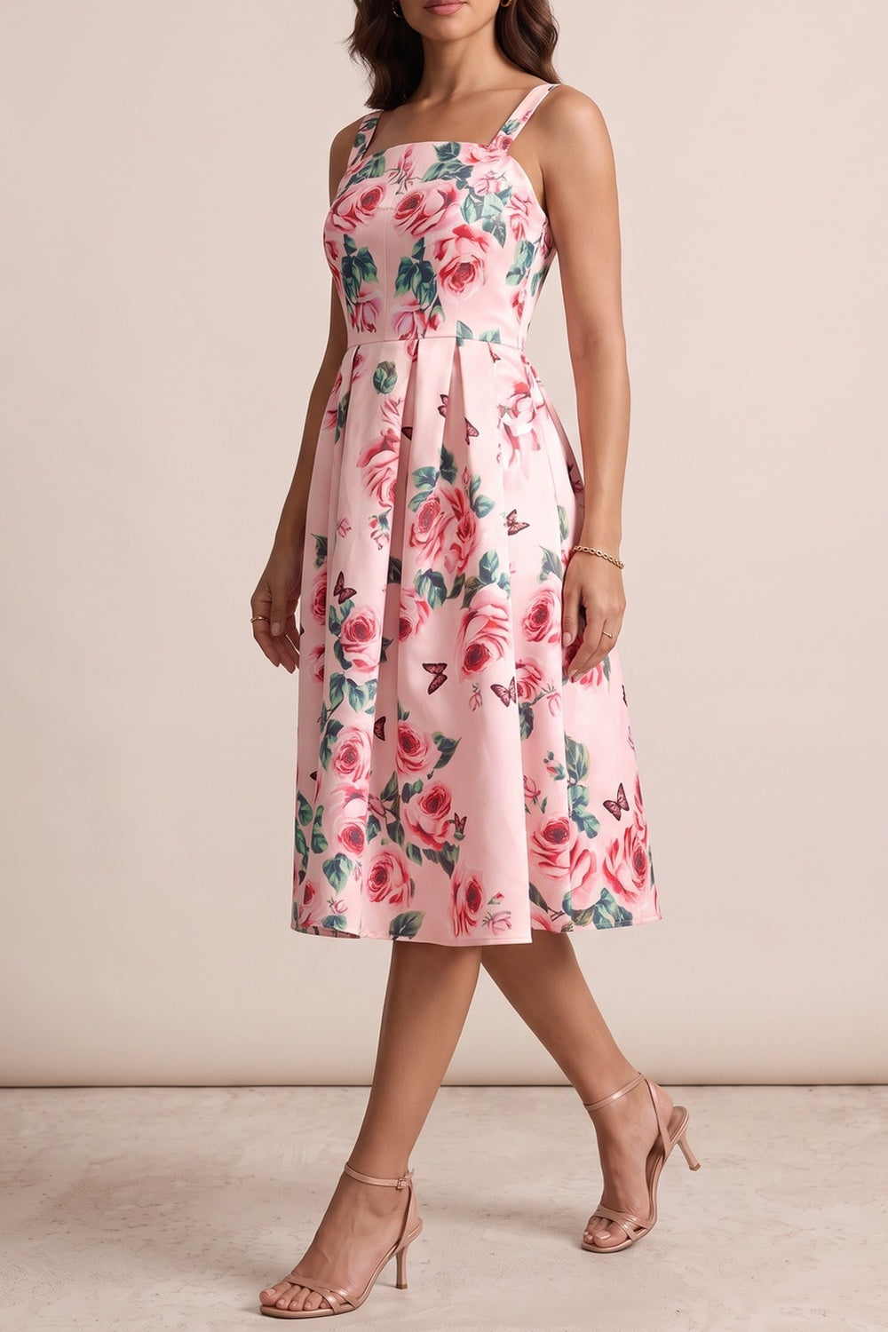 10a834968d749bf1 PINK ROSE PRINT SQUARE NECK FIT-FLARE MIDI DRESS