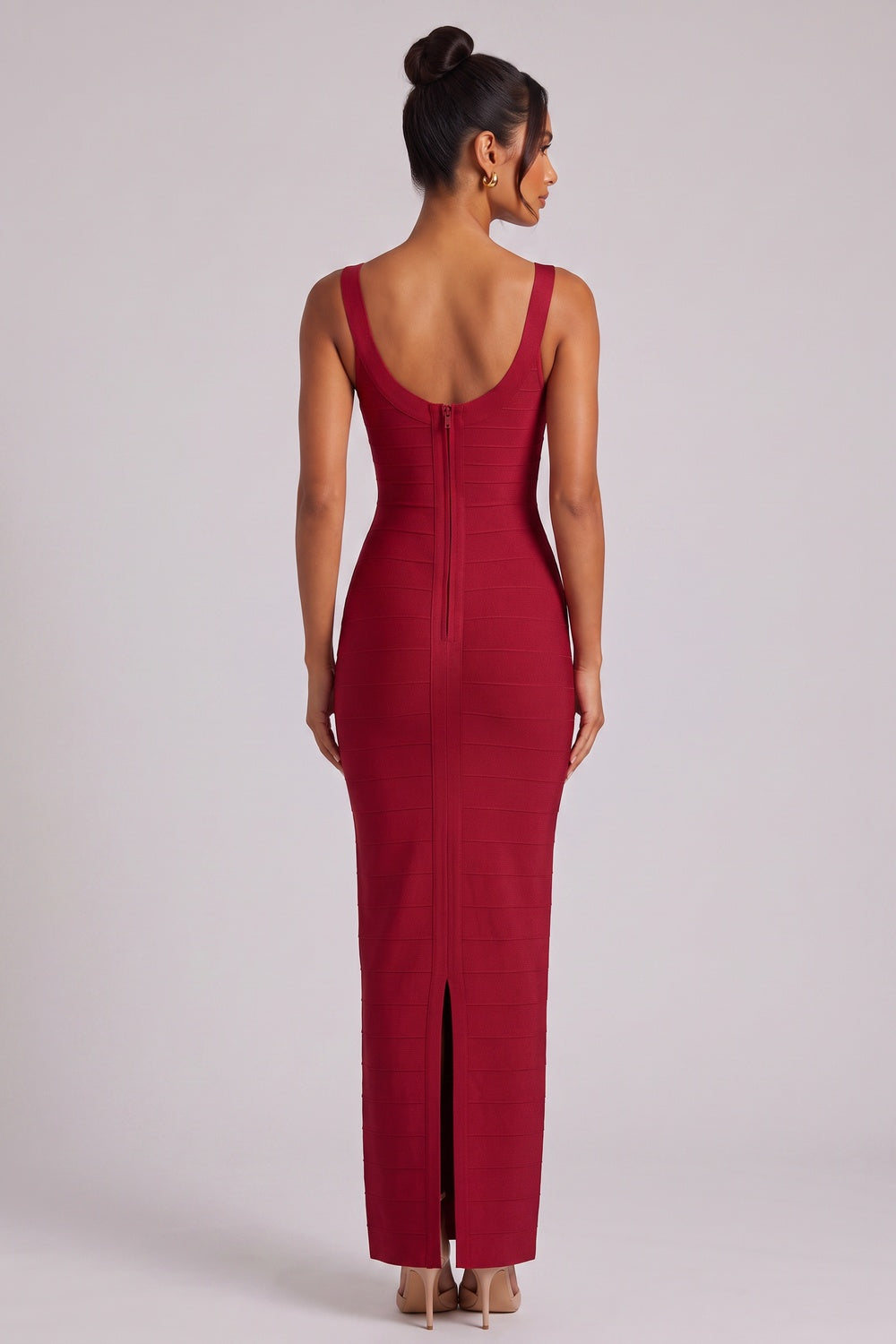10c35fcfef5f8e23 BURGUNDY SLEEVELESS BANDAGE MIDI DRESS FOR PARTY