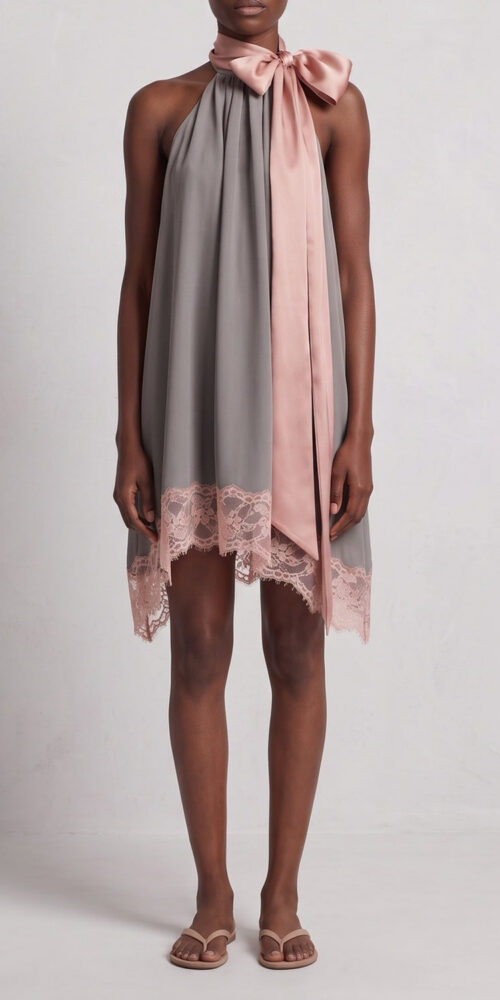 111135be2d2b4690 HALTER SATIN BOW LACE HEM SHIFT DRESS