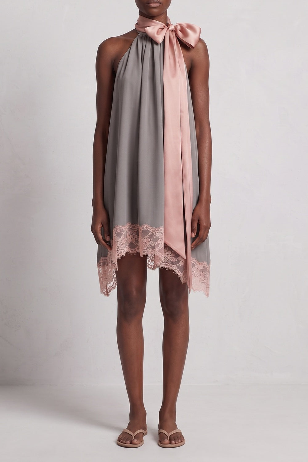 HALTER SATIN BOW LACE HEM SHIFT DRESS