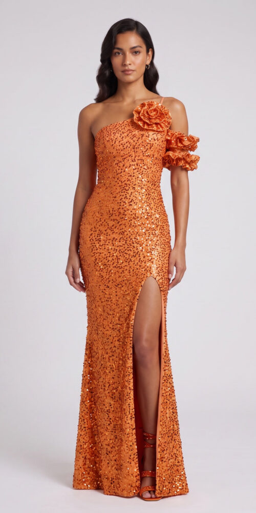 113e1261876fc17c ORANGE SEQUIN ONE-SHOULDER FLOOR-LENGTH GOWN