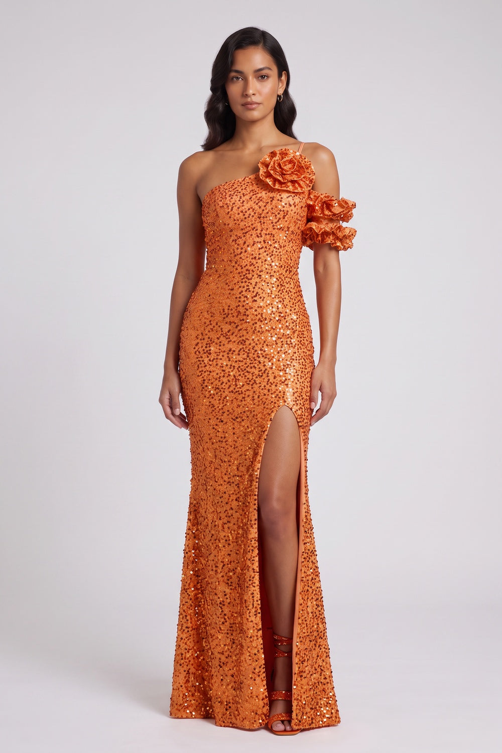 113e1261876fc17c ORANGE SEQUIN ONE-SHOULDER FLOOR-LENGTH GOWN
