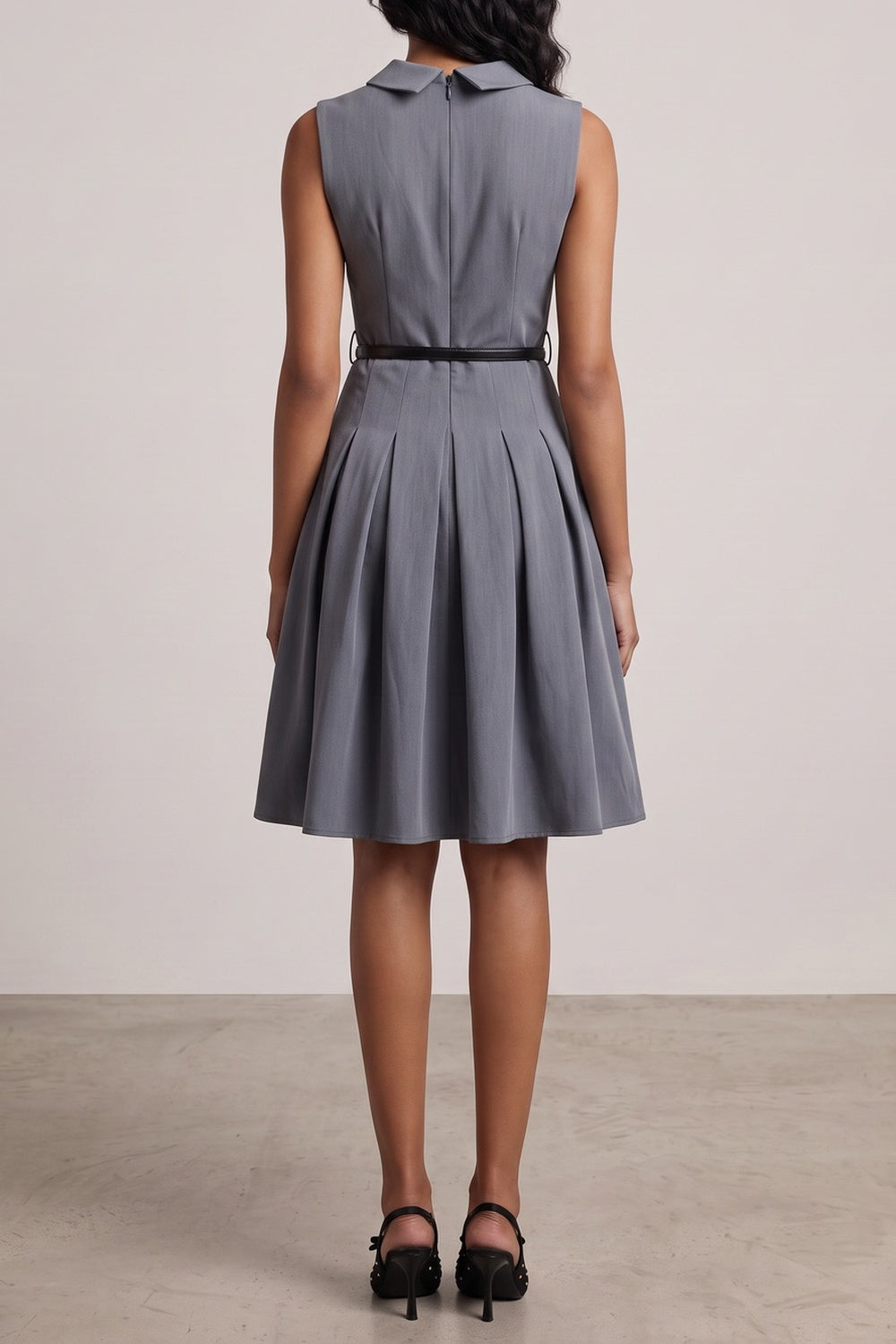 1149ca94e60098cc COLLARED SLEEVELESS BELTED PLEATED MIDI SHIRT DRESS