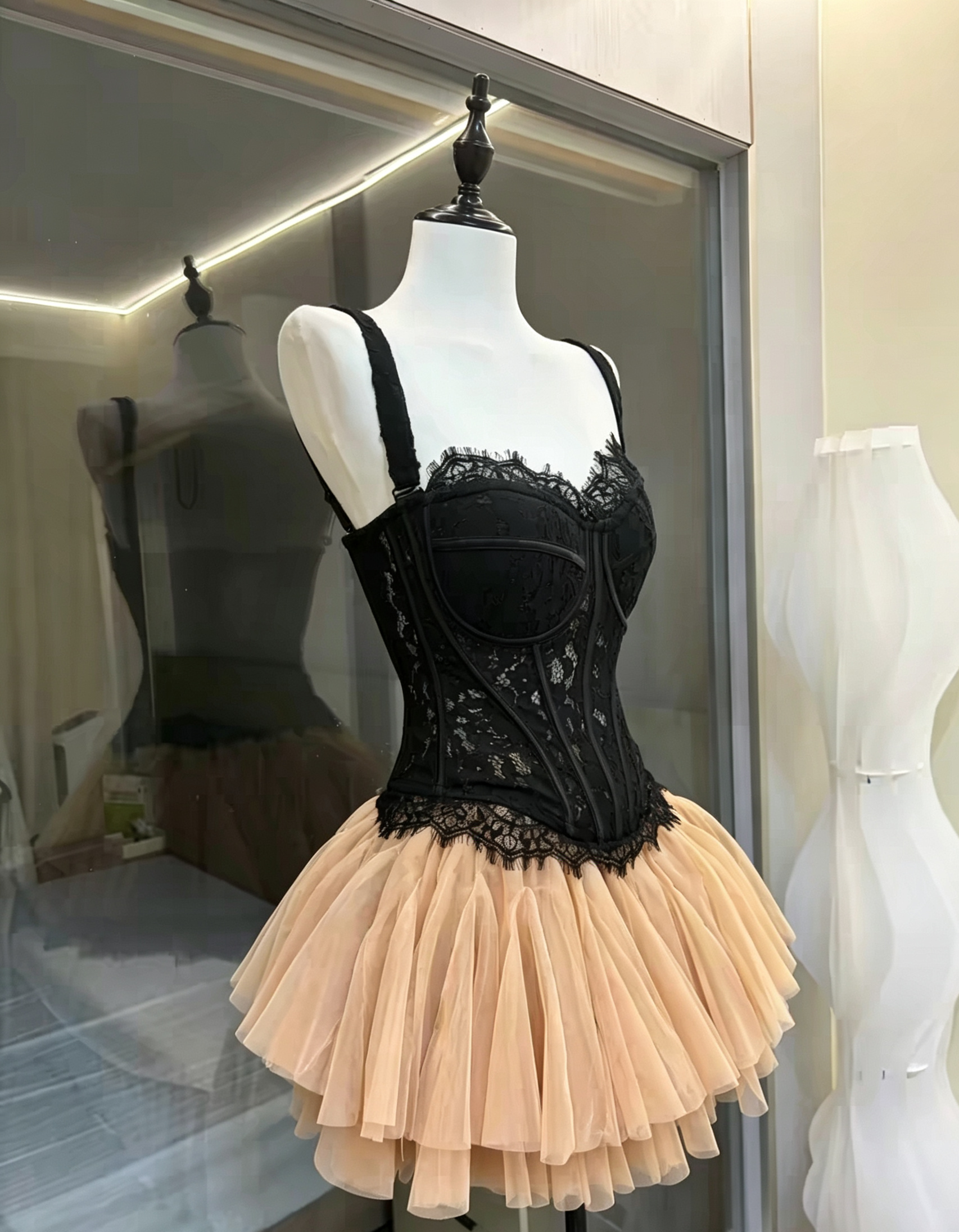 11_0666a428-a87d-4791-8ad2-2c3345ef8294 BLACK LACE CORSET TUTU SET, NUDE TULLE PARTY OUTFIT