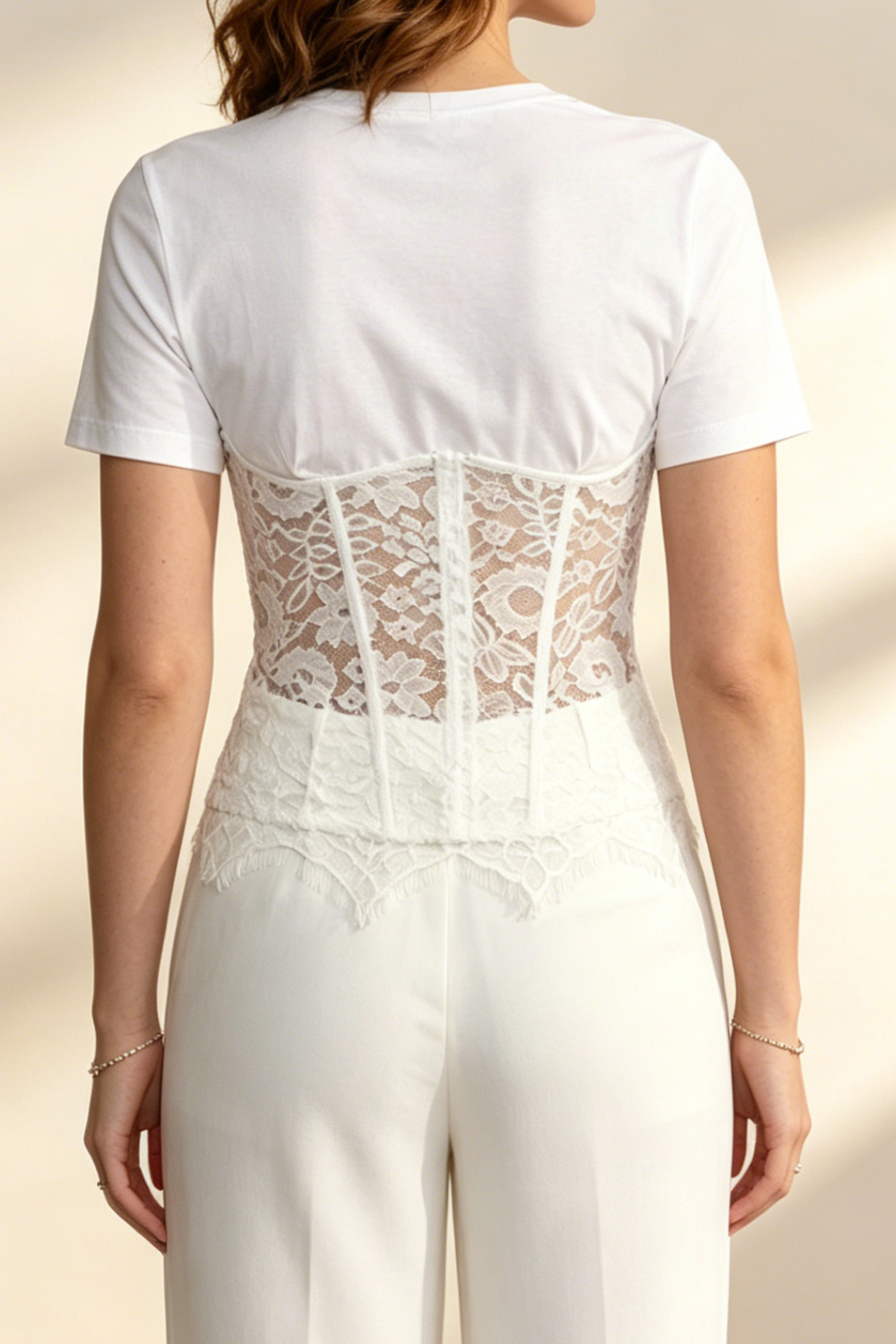 WHITE SPLICED LACE CORSET TEE FOR WEDDING