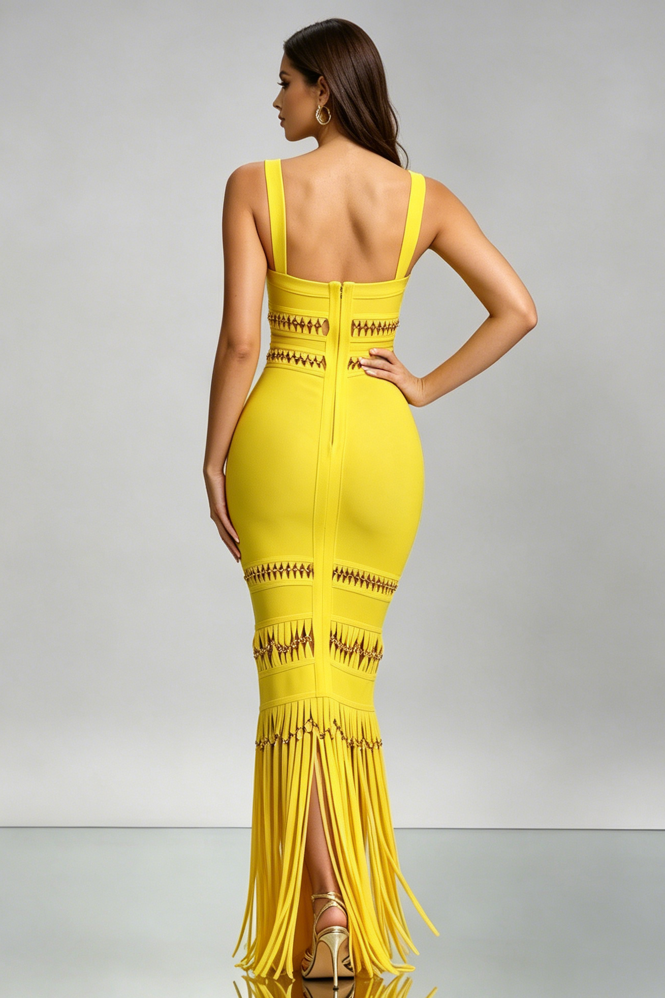 11_ffd8b250-1525-48ee-bcbc-349a26ebbf04 BRIGHT YELLOW CUTOUT FRINGE BANDAGE MERMAID MAXI DRESS