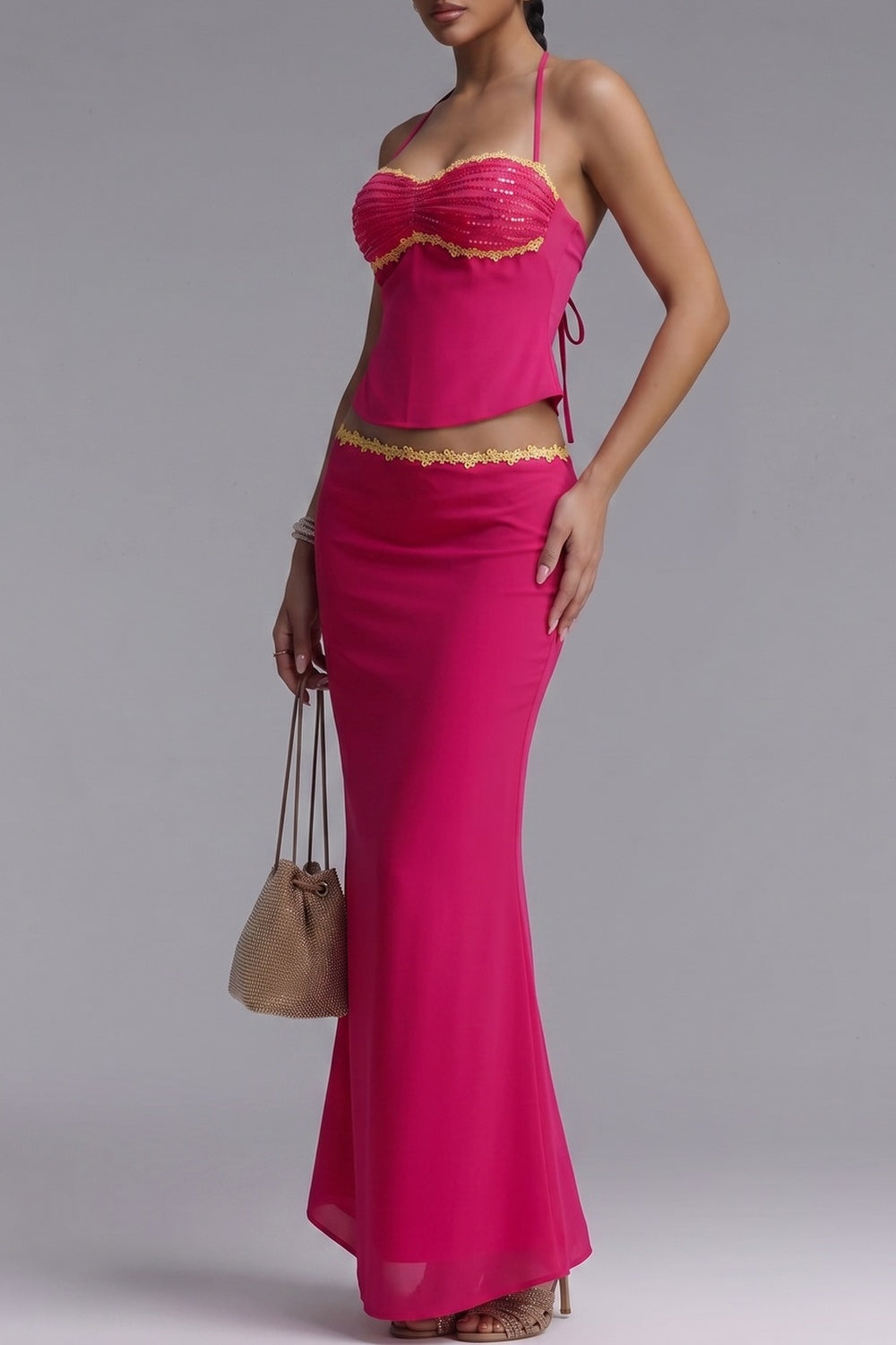HOT PINK BEADED HALTER TOP & MERMAID MAXI SKIRT SET