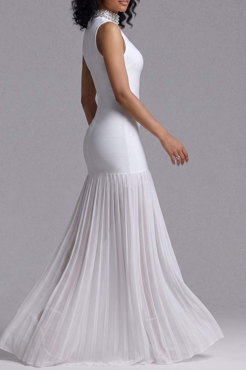 11c19d5734515366 RHINESTONE HIGH NECK SLEEVELESS BANDAGE CHIFFON MAXI DRESS
