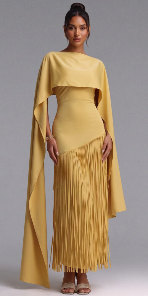 11e0dac344a610ce YELLOW FRINGE CAPE MAXI DRESS FOR EVENTS