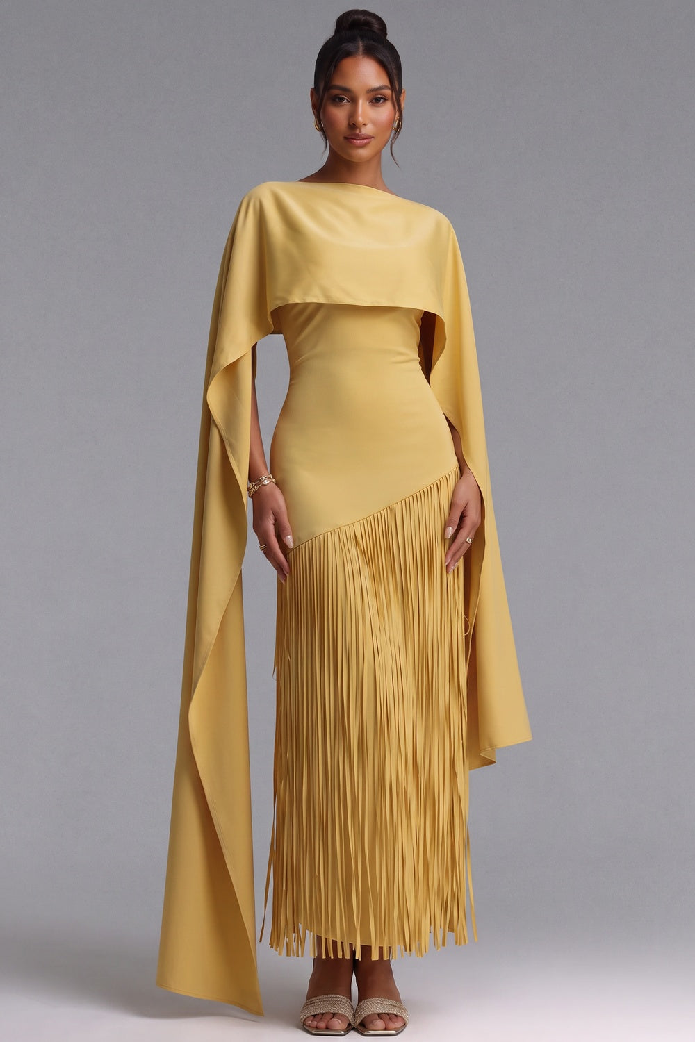 11e0dac344a610ce YELLOW FRINGE CAPE MAXI DRESS FOR EVENTS