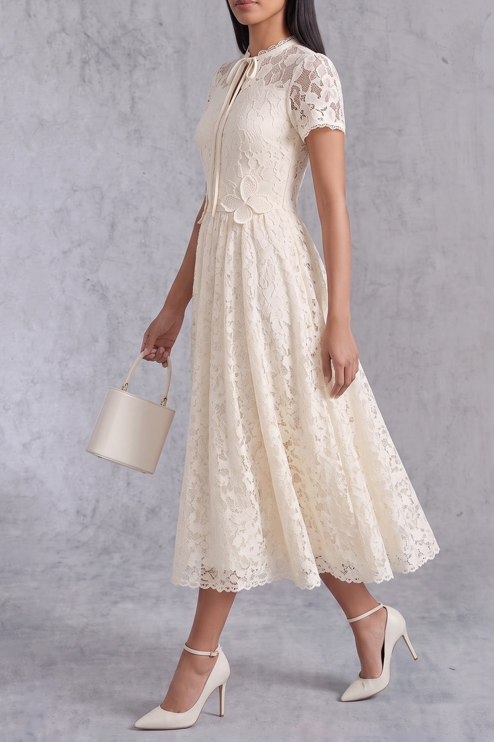 11ec71794c748aa1 CREAM LACE TIE-NECK A-LINE MIDI DRESS