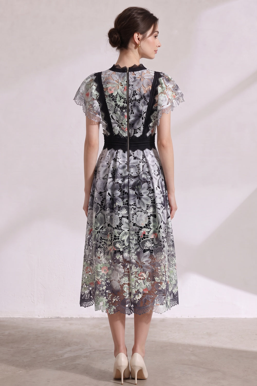 125dace1235dc3b6 WHITE GUIPURE LACE FIT-AND-FLARE MIDI DRESS FOR WEDDING GUEST