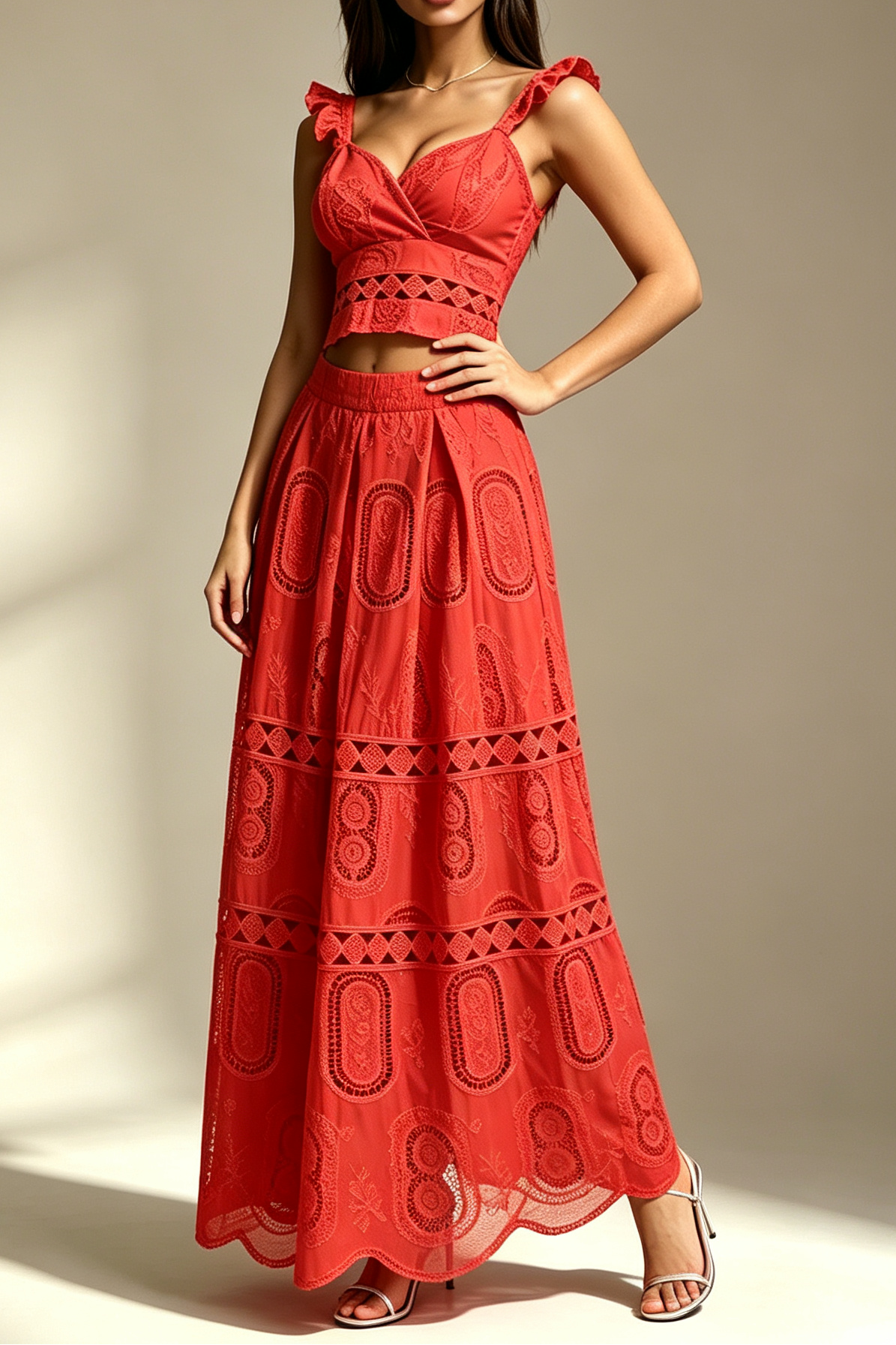 12_117a6690-9800-4266-8896-d134508967ff RED RUFFLE V-NECK CROP TOP & TIERED MAXI SKIRT SET