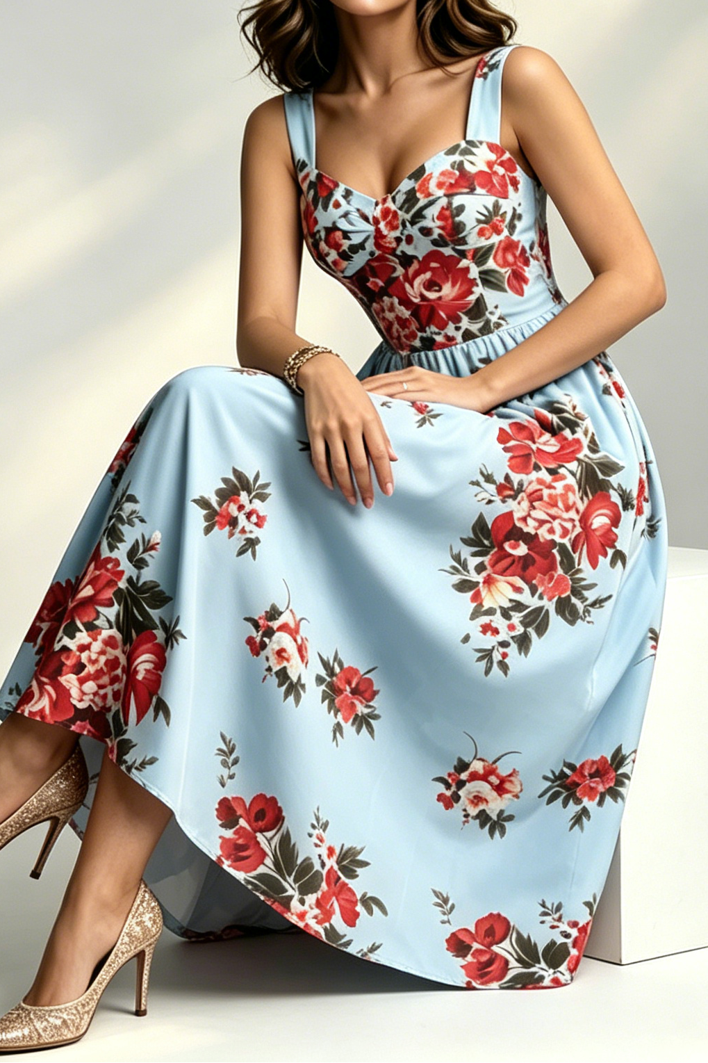 12_5c58a713-eb3c-486c-b3b4-6ec2c8008a9b LIGHT BLUE LARGE RED FLORAL WIDE STRAP SWEETHEART FLOWY MIDI DRESS