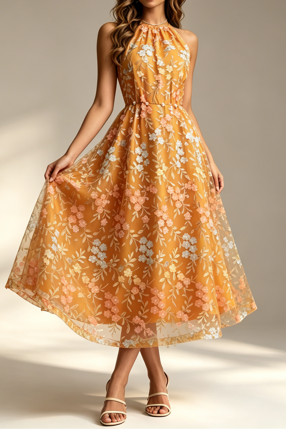 12_de8c06f7-4c64-4d9b-822f-6dac86f42e08 MUSTARD HALTER FLORAL EMBROIDERY SHEER TULLE MIDI DRESS