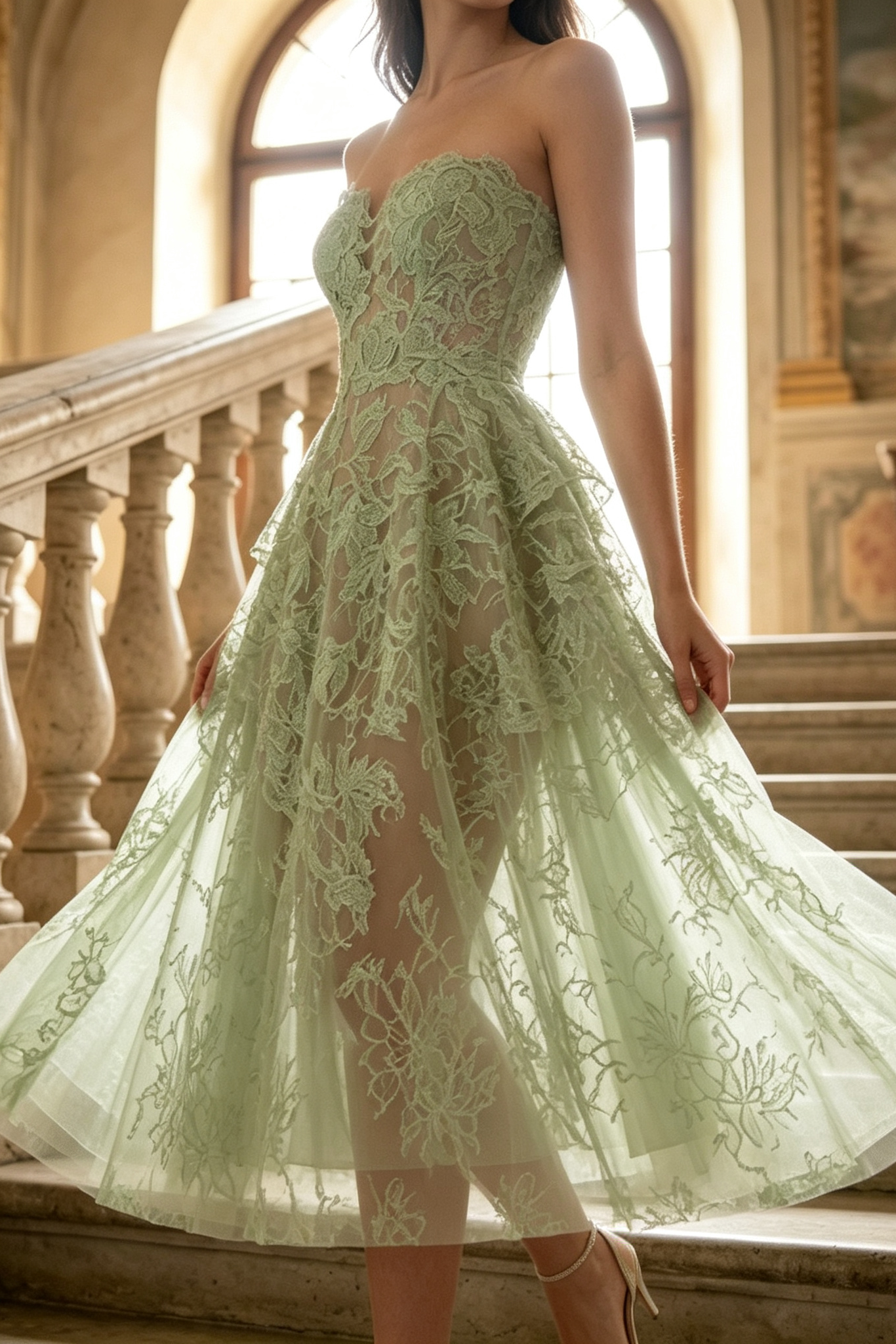 MINT BEADED LACE MIDI DRESS FOR WEDDING GUEST