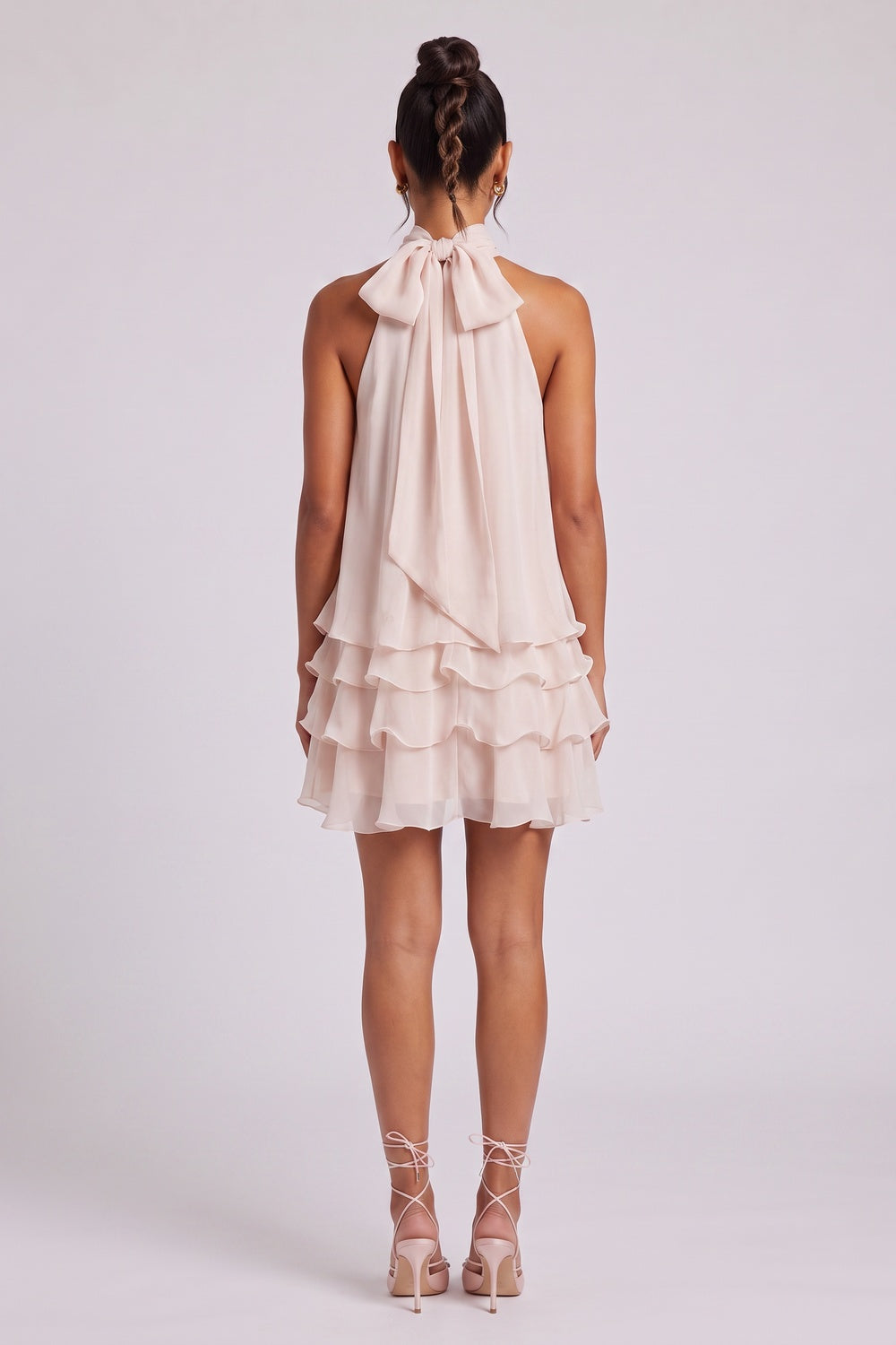 12ac553b329ba961 PALE PINK HALTER TIERED CHIFFON MINI DRESS