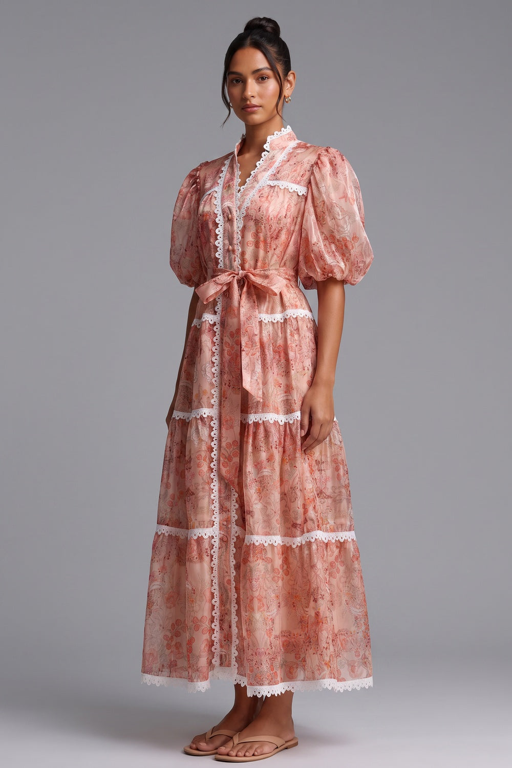 PEACH ORGANZA A-LINE TIERED MAXI DRESS BOTANICAL FLORAL