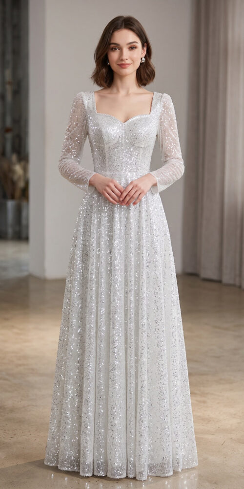 SILVER SEQUIN TULLE A-LINE EVENING GOWN