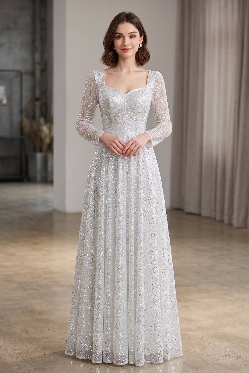 12cdb615f5f485e0 SILVER SEQUIN TULLE A-LINE EVENING GOWN