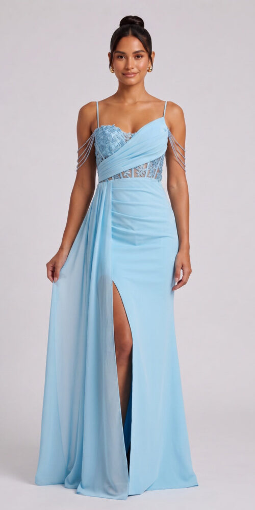 LIGHT BLUE COLD SHOULDER LACE MAXI DRESS FOR WEDDING GUEST