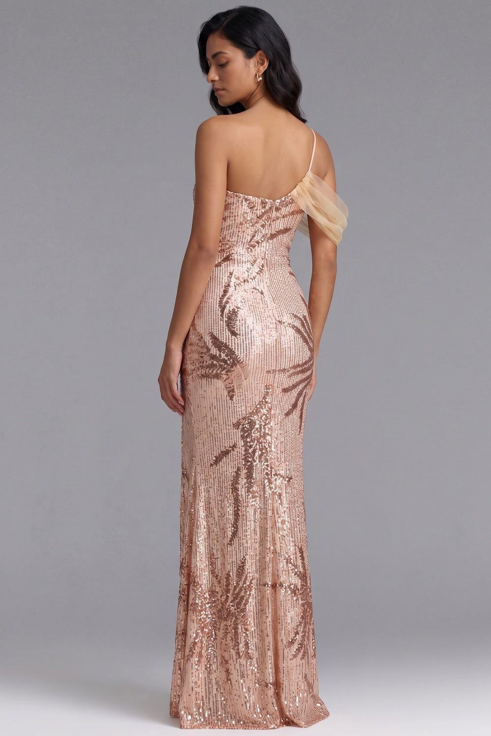 133131d5a7c6fd0f ROSE GOLD SEQUIN TULLE SHOULDER MAXI GOWN