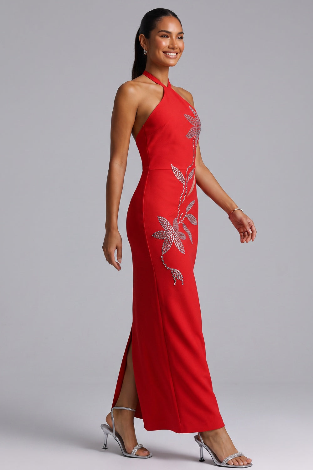RED HALTER GOWN, SILVER FLORAL EMBELLISHMENTS, FORMAL EVENING