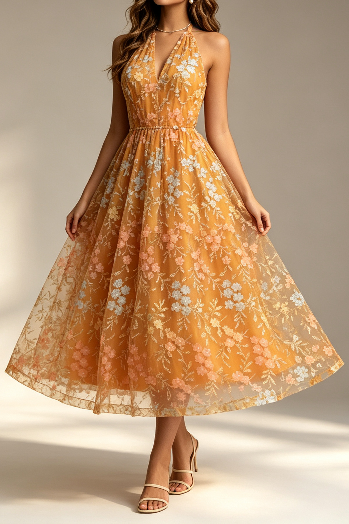 13_474593d2-bd58-4112-a9dd-8762311ec519 MUSTARD HALTER FLORAL EMBROIDERY SHEER TULLE MIDI DRESS