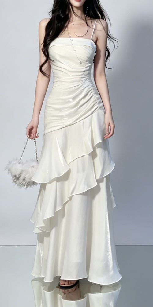 SIDE RUCHED TIERED RUFFLE SATIN MAXI DRESS