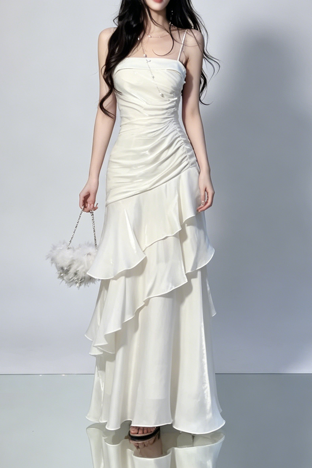 13_5b44df6b-b331-47f7-9f87-11da8cf3f497 SIDE RUCHED TIERED RUFFLE SATIN MAXI DRESS