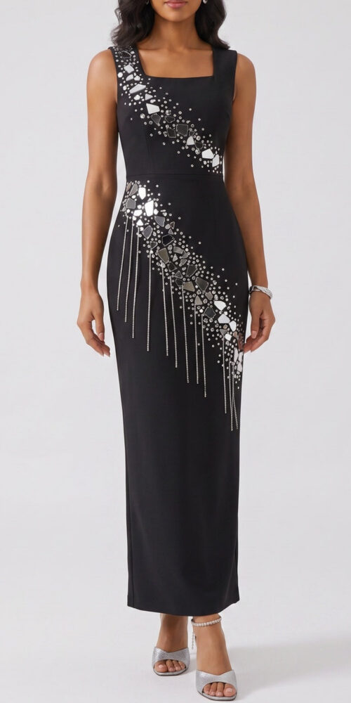 13c97082868060ca SLEEVELESS SQUARE NECK RHINESTONE FRINGE BODYCON MIDI DRESS