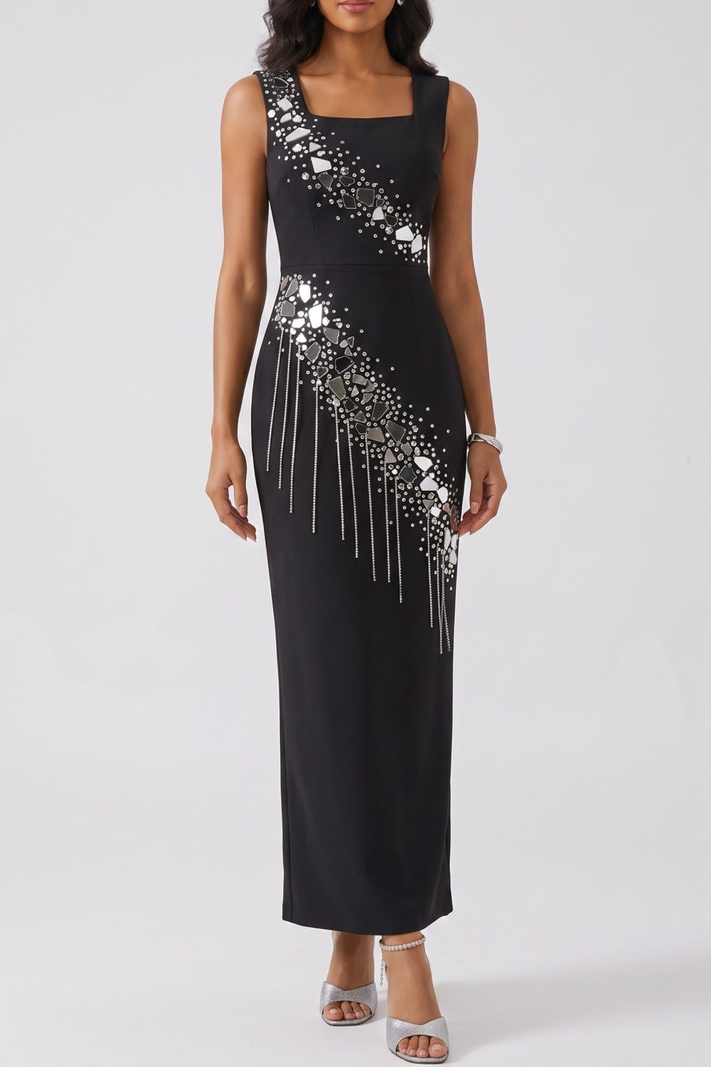 13c97082868060ca SLEEVELESS SQUARE NECK RHINESTONE FRINGE BODYCON MIDI DRESS