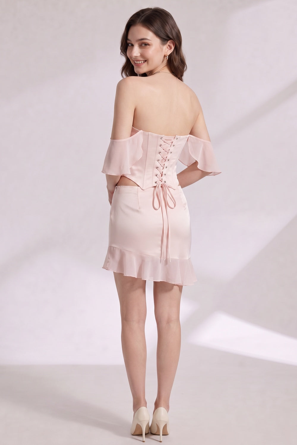 145bda243d55e9ef PALE PINK SATIN OFF-SHOULDER CORSET MINI SKIRT SET