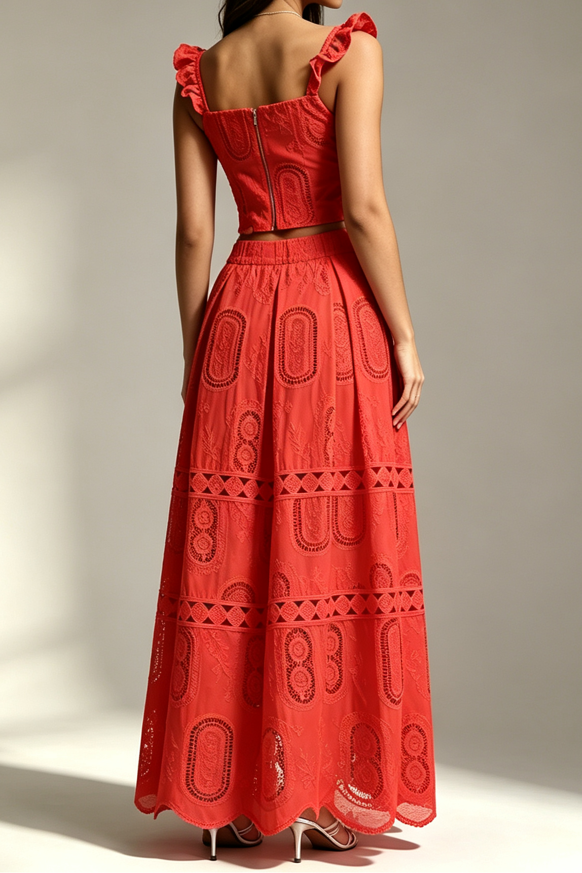 14_0bb8e22b-5887-4c8d-b16a-2b7e6c75b315 RED RUFFLE V-NECK CROP TOP & TIERED MAXI SKIRT SET