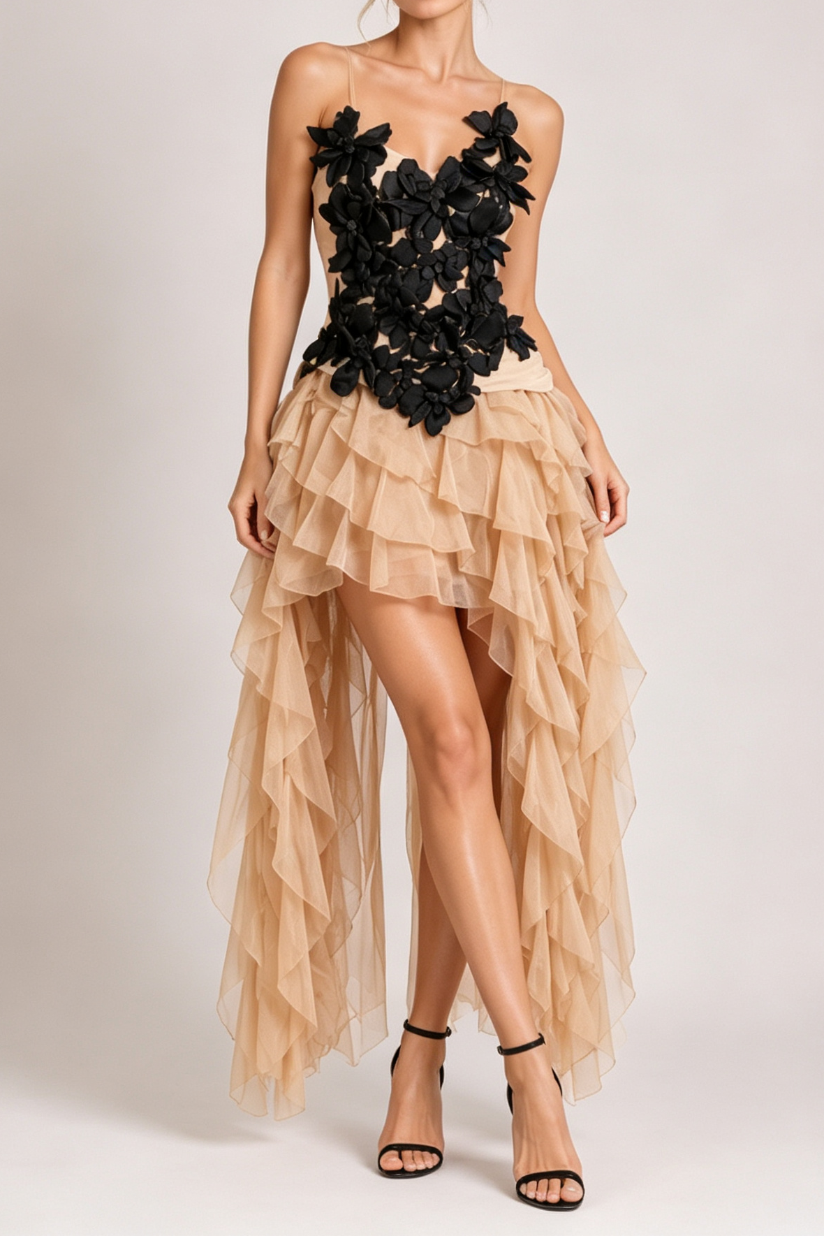 NUDE SHEER STRAP BLACK 3D FLORAL CORSET TOP & HIGH LOW RUFFLE TULLE SKIRT SET