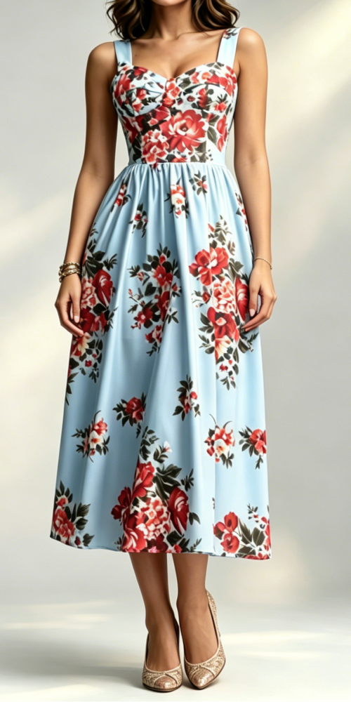 14_9f299f04-85e3-42d3-8996-e81d76bd1f35 LIGHT BLUE LARGE RED FLORAL WIDE STRAP SWEETHEART FLOWY MIDI DRESS