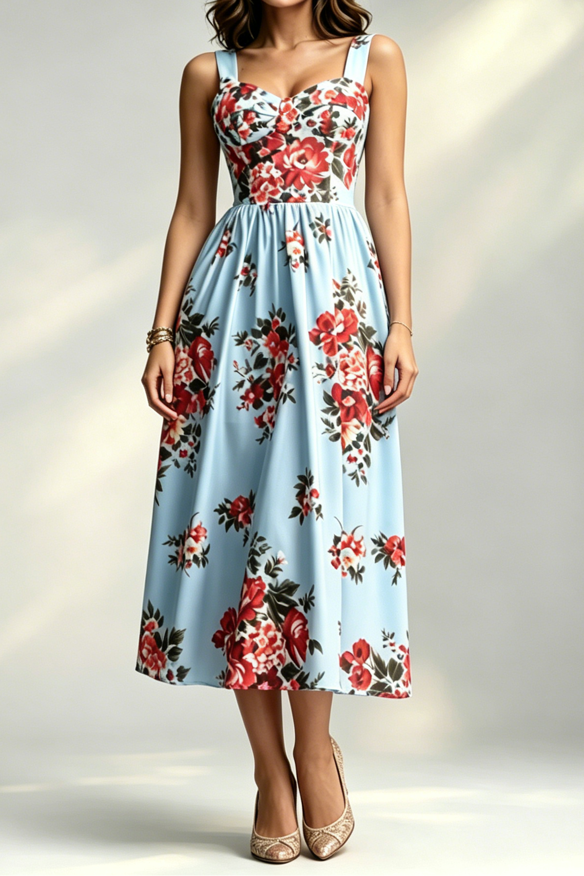 14_9f299f04-85e3-42d3-8996-e81d76bd1f35 LIGHT BLUE LARGE RED FLORAL WIDE STRAP SWEETHEART FLOWY MIDI DRESS