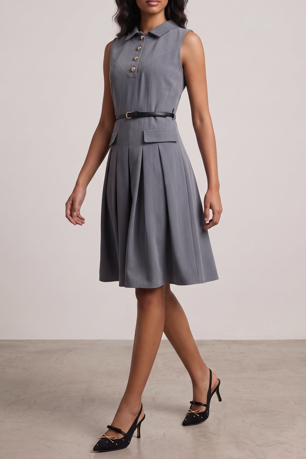 14cb6b82f846d300 COLLARED SLEEVELESS BELTED PLEATED MIDI SHIRT DRESS