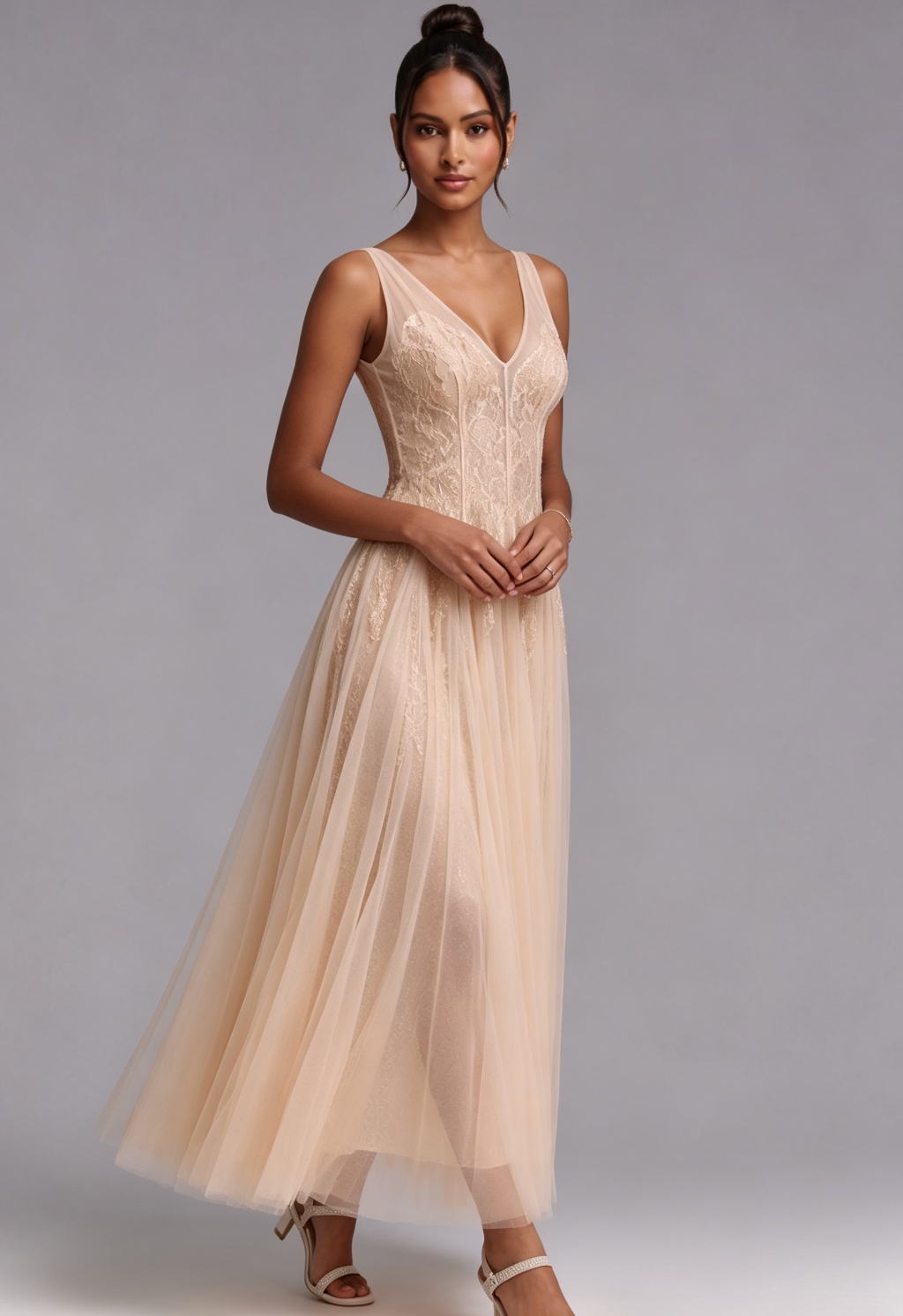 CHAMPAGNE LACE V-NECK COCKTAIL DRESS