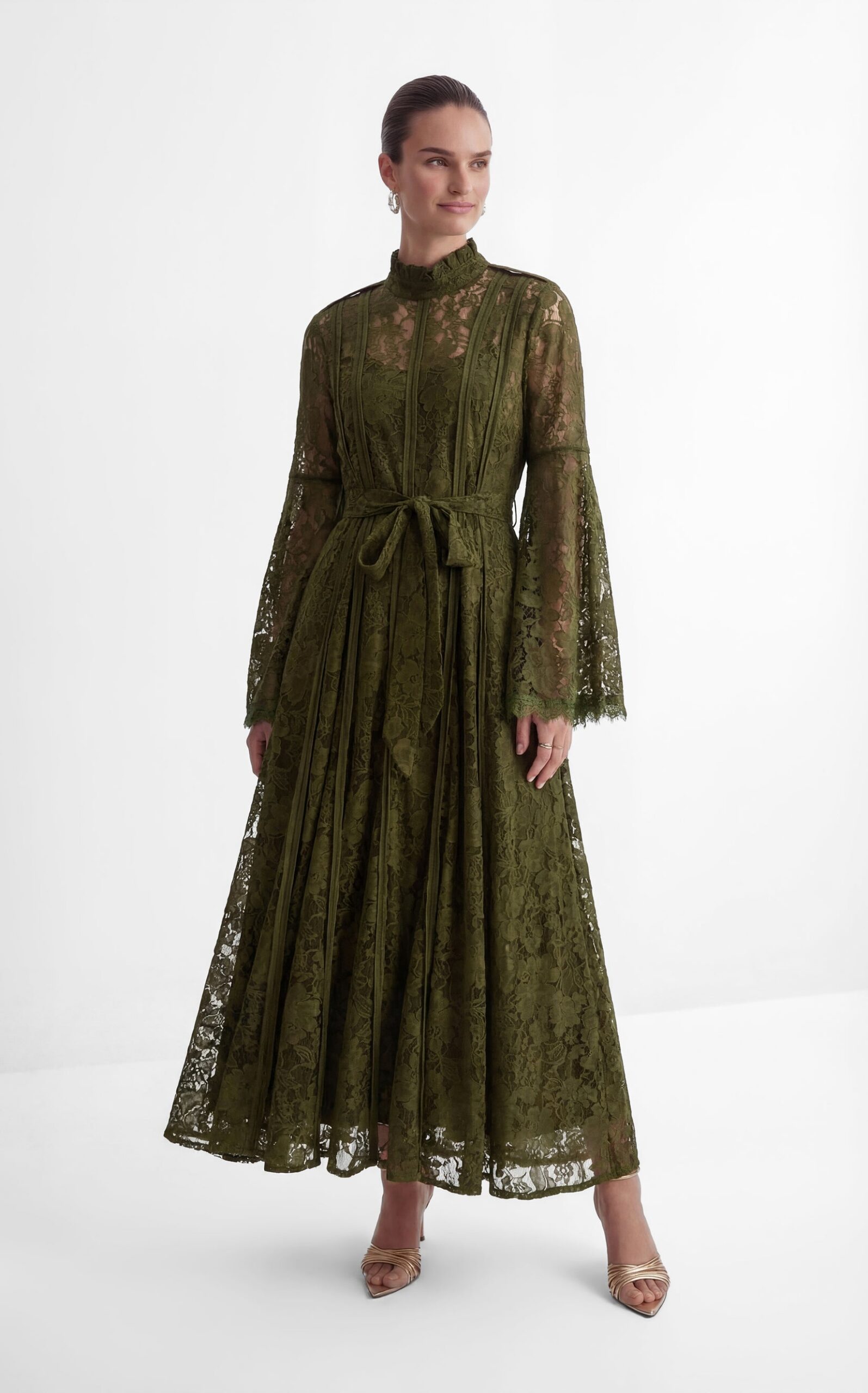 151-2 OLIVE FLORAL LACE HIGH NECK BELL SLEEVE MAXI DRESS